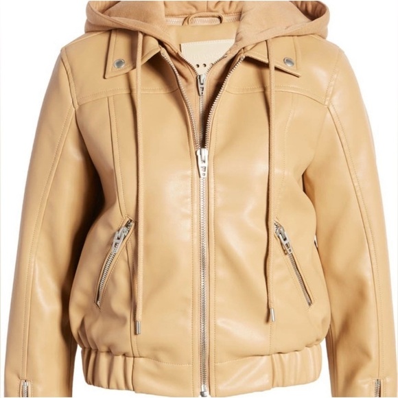 NEW BLANKNYC Women’s Faux Leather Tan Bomber Moto Jacket Removable Hood Size S - Picture 3 of 16